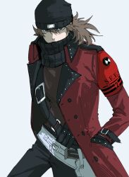  1boy aakaaka78910 aragaki_shinjirou armband beanie belt belt_buckle black_belt black_coat black_hat black_pants black_scarf brown_eyes brown_hair buckle coat cowboy_shot floating_hair gun hair_between_eyes handgun hat highres holster holstered long_sleeves looking_at_viewer male_focus medium_hair pants persona persona_3 red_armband red_coat s.e.e.s scarf simple_background solo two-sided_coat two-sided_fabric weapon white_background wrist_belt 