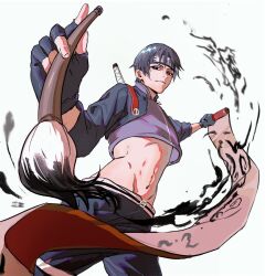  1boy black_eyes black_hair calligraphy_brush closed_mouth commentary crop_top from_below highres holding holding_calligraphy_brush holding_paintbrush ink male_focus momoyoru1 naruto_(series) naruto_shippuuden navel paintbrush pants parchment sai_(naruto) short_hair simple_background solo weapon weapon_on_back white_background 