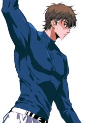  1boy absurdres ace_of_diamond arm_up belt black_belt blue_shirt brown_hair commentary_request compression_shirt covered_pectorals from_side goggles highres male_focus miyuki_kazuya momoyoru1 pants pectorals shirt shirt_tucked_in short_hair solo sweat toned toned_male white_pants 