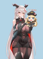 aegir_(azur_lane) azur_lane bismarck_(azur_lane) chibi horns long_hair multiple_girls