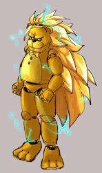  1boy absurdres animatronic atlaszoidac blonde_hair dragon_ball dragon_ball_z electricity five_nights_at_freddy's full_body gold_bowtie golden_freddy grey_background highres long_hair simple_background solo standing super_saiyan super_saiyan_3 very_long_hair 