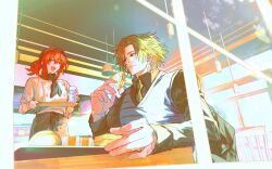  1boy 1girl absurdres apron ascot backpack bag black_ascot blonde_hair bloom ceiling_light chair closed_mouth commentary_request cowboy_shot daybit_sem_void eating facing_another fate/grand_order fate_(series) food fujimaru_ritsuka_(female) glass gloves hand_up highres holding holding_tray long_sleeves looking_at_another medium_hair necktie orange_hair sandwich short_hair sidelocks sideways_glance sleeves_rolled_up smile striped_clothes striped_vest table tray upper_body vest w2rom white_gloves 