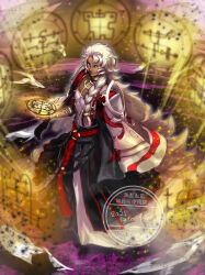  152_in_can 1boy absurdres bracelet braid commentary_request dark-skinned_male dark_skin fate/grand_order fate_(series) gold_choker hair_between_eyes highres jewelry long_hair long_sleeves magic_circle male_focus neck_ring robe single_braid smile solo solomon_(fate) tattoo very_long_hair white_hair yellow_eyes 