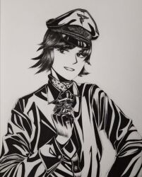  1girl bordfunker133 collared_shirt commentary_request cross dress_shirt gloves greyscale grin hair_between_eyes hand_on_own_hip hans-joachim_marseille hat highres holding_medal iron_cross leather leather_gloves long_sleeves looking_at_viewer looking_to_the_side luftwaffe marseille-chan_(bordfunker133) military_uniform monochrome nazi original peaked_cap real_life reichsadler shirt shoulder_boards simple_background smile soldier solo swastika upper_body world_war_ii 