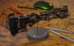  3d battlecruiser_(eve_online) cable combat_ship_(eve_online) commentary computer_mouse core_complexion_inc._(eve_online) cyclone_(eve_online) emblem english_commentary eve_online glowing highres military_vehicle miniature minmatar_republic_(eve_online) no_humans pen pencil photorealistic realistic spacecraft support_ship_(eve_online) urviech vehicle_focus 