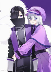  1girl 1other absurdres animification arms_at_sides artist_name black_hair black_jacket black_pants capelet chinese_commentary closed_mouth commentary_request covered_mouth dress frilled_sleeves frills glasses hair_over_one_eye hat highres hug jacket kei_(momojellyfish) long_hair long_sleeves looking_at_viewer moffun_(king-ohger) morfonia ohsama_sentai_king-ohger pants purple_capelet purple_dress purple_hat rita_kanisuka round_eyewear short_hair smile super_sentai violet_eyes waist_hug white_hair 