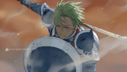  1boy 91007 aran_(fire_emblem) commentary_request fire_emblem fire_emblem:_radiant_dawn green_eyes green_hair highres holding holding_polearm holding_shield holding_weapon male_focus polearm shield short_hair weapon 