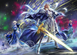  152_in_can 5girls ahoge armor armored_dress artoria_caster_(fate) artoria_caster_(second_ascension)_(fate) artoria_pendragon_(fate) artoria_pendragon_(lancer)_(fate) bare_shoulders baseball_cap beret black_gloves black_hat blonde_hair blue_cape blue_hat blue_jacket blue_scarf braid breastplate breasts cape commentary_request crown dress excalibur_(fate/stay_night) fate/grand_order fate_(series) from_behind fur_trim gauntlets gloves glowing green_eyes hair_bun hair_ribbon hat highres holding holding_sword holding_weapon jacket large_breasts long_hair long_sleeves lord_logres_(fate) lord_logres_(third_ascension)_(fate) multiple_girls multiple_persona mysterious_heroine_x_(fate) pantyhose ponytail ribbon saber_(fate) scarf short_hair shorts shoulder_armor sidelocks sword track_jacket twintails weapon 