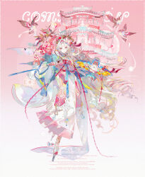  1girl absurdres armor bird blue_ribbon bouquet building china_dress chinese_clothes chinese_text clenched_hand commentary commission dress drill_hair english_text flower gradient_background grey_hair hanfu highres japanese_armor kite leaf long_hair long_sleeves multicolored_dress original palace pink_background pink_eyes pink_flower ribbon shoulder_armor sleeve_cuffs snake sode solo standing symbol-only_commentary tachi-e takeno_zhuye very_long_hair white_background white_hair white_ribbon xiangyun 
