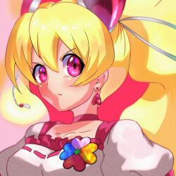  1girl blonde_hair choker closed_mouth commentary_request cure_peach dress earrings fresh_precure! highres jewelry long_hair looking_at_viewer magical_girl momozono_love omega_takai pink_choker pink_eyes ponytail portrait precure solo white_dress 