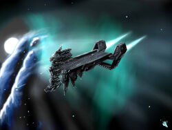  aqua_background artist_logo caldari_state_(eve_online) carrier carrier_(eve_online) cloud_background clouds commentary concept_art english_commentary eve_online flying glowing highres logo military_vehicle nebula no_humans novafox original outdoors science_fiction space spacecraft star_(sky) vehicle_focus 