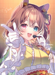  1girl :d animal_ears blue_eyes blush braid breasts brown_hair commentary_request commission copyright_request dotted_line frilled_kimono frilled_sash frilled_sleeves frills gloves grid_background hair_over_shoulder headset heterochromia japanese_clothes kimono long_hair long_sleeves medium_breasts multicolored_hair obi red_eyes ribbon-trimmed_sleeves ribbon_trim rinndouk sash skeb_commission smile solo streaked_hair virtual_youtuber white_gloves white_hair wide_sleeves yellow_kimono 