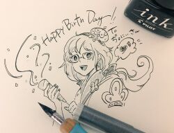  1girl bad_id bad_pixiv_id bright_pupils english_text fingernails glasses grimms_notes hands_up happy_birthday holding holding_party_popper japanese_clothes kimono kuramochi_anko_(grimms_notes) long_hair looking_at_viewer low_ponytail misoshiru_umai4 open_mouth party_popper ponytail smile solo teeth tongue traditional_media upper_body upper_teeth_only white_background 