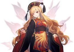  1girl black_dress black_hat blonde_hair breasts crescent_print dalachi_(headdress) dress eho_(icbm) energy game_cg hat junko_(touhou) labyrinth_of_touhou_(series) labyrinth_of_touhou_tri large_breasts long_hair long_sleeves looking_at_viewer neck_ribbon official_art open_mouth phoenix_print red_eyes red_tabard ribbon smile solo tabard third-party_source touhou transparent_background very_long_hair wide_sleeves yellow_ribbon 