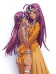  cosplay dark_skin dragon_quest dragon_quest_iv dress hat hug idolmaster incest kisaragi_chihaya lowres manya manya_(cosplay) matsudo_aya minea minea_(cosplay) miura_azusa purple_eyes purple_hair tiara violet_eyes yellow_dress yuri 