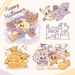  black_eyes bright_pupils broom broom_riding candle closed_mouth clouds drifloon eevee fangs gengar halloween halloween_bucket halloween_costume happy_halloween hat highres jack-o'-lantern litwick mimikyu minccino mixed-language_commentary mofucoffee moon open_mouth pawmi pawmo pawmot pikachu pokemon pokemon_(creature) pokemon_focus pumpkaboo shuppet sky smile star_(symbol) swablu tongue tongue_out white_pupils witch_hat 