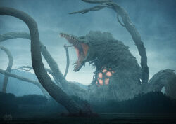  1girl artist_name biollante clouds commentary_request composite core diorama dirt extra_mouth fangs figure_(medium) forest giant giant_monster glowing godzilla_(series) godzilla_vs._biollante grass highres ito_nobuhiko kaiju morning nature no_humans no_pupils open_mouth outdoors photo_(medium) photo_background photoshop_(medium) plant_monster plant_roots sharp_teeth sky solo spines teeth tentacles tree veins white_eyes 