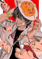  >_< 1boy black_hair black_shirt brown_eyes commentary_request ear_piercing food fork frying_pan grey_jacket grin hair_between_eyes highres holding holding_plate hood hood_down hooded_jacket jacket ketchup ketchup_bottle looking_at_viewer male_focus multiple_piercings open_clothes open_jacket original outside_border pasta piercing pillarboxed plate red_background sahi00000 sentient_stuffed_toy shirt short_hair smile solo spaghetti sticker sticker_on_face stuffed_animal stuffed_rabbit stuffed_toy swept_bangs upper_body wristband 