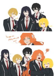  2girls 3boys ^_^ black_coat black_eyes black_hair black_vest blonde_hair bow closed_eyes coat collared_shirt commentary_request don_quixote_(project_moon) green_eyes hair_bow highres hong_lu_(project_moon) ishmael_(project_moon) korean_commentary lapels limbus_company long_hair mimu_dc6 multiple_boys multiple_girls necktie notched_lapels open_mouth orange_hair project_moon red_necktie shirt short_hair sidelocks sinclair_(project_moon) smile very_long_hair vest white_bow white_shirt yellow_eyes yi_sang_(project_moon) 