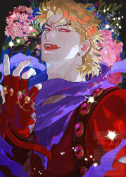  1boy birthmark blonde_hair bustersiri commentary_request dio_brando ear_birthmark fangs fingerless_gloves flower gloves highres jewelry jojo_no_kimyou_na_bouken licking_lips looking_at_viewer male_focus phantom_blood pink_flower purple_scarf red_eyes red_gloves red_shirt rose scarf shirt short_hair solo sparkle tongue tongue_out torn_clothes torn_scarf vampire 