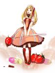  boots chocolate dress food fork fruit gothic green_eyes highres konno_haru long_hair minigirl oversized_object strawberries strawberry 