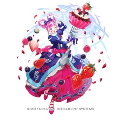  1girl attack blue_dress blunt_bangs blush bouquet breasts commentary_request cupcake dress facial_mark fighting_stance fire_emblem fire_emblem_engage fire_emblem_heroes floral_print floral_print_dress flower food fork fruit giant_fork hair_rings heart heart_facial_mark holding holding_bouquet holding_fork hortensia_(cutesplosion)_(fire_emblem) hortensia_(fire_emblem) long_sleeves multicolored_hair official_alternate_costume official_art one_eye_closed open_mouth pink_eyes pink_hair print_dress shoes simple_background small_breasts smile solo strawberry two-tone_hair tym_taro white_background 