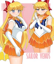  absurdres aino_minako back_bow bishoujo_senshi_sailor_moon bishoujo_senshi_sailor_moon_supers blonde_hair blue_eyes bow brooch choker commentary elbow_gloves english_commentary gloves heart heart_brooch highres inner_senshi jewelry long_hair nico-neko orange_choker orange_sailor_collar orange_skirt red_bow sailor_collar sailor_senshi_uniform sailor_venus skirt smile star_(symbol) star_choker super_sailor_venus white_gloves 