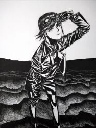  1girl afrika_korps black_gloves bob_cut bordfunker133 commentary_request cougar_pattern cougar_pattern_foulard cross desert foulard genderswap genderswap_(mtf) gloves goggles greyscale hand_up hans-joachim_marseille highres iron_cross jacket lapels leather leather_jacket looking_at_viewer luftwaffe marseille-chan_(bordfunker133) medium_hair military monochrome nazi notched_lapels open_clothes open_jacket original photo_(medium) real_life shading_eyes shorts shoulder_boards smile soldier solo swastika world_war_ii 