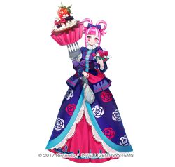  1girl blue_dress blunt_bangs blush bouquet breasts closed_mouth commentary_request cupcake dress facial_mark fire_emblem fire_emblem_engage fire_emblem_heroes floral_print floral_print_dress flower food fork fruit giant_fork hair_rings heart heart_facial_mark holding holding_bouquet holding_fork hortensia_(cutesplosion)_(fire_emblem) hortensia_(fire_emblem) long_sleeves looking_at_viewer multicolored_hair official_alternate_costume official_art pink_eyes pink_hair print_dress simple_background small_breasts smile solo strawberry two-tone_hair tym_taro white_background 