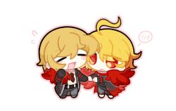  1boy 1girl ahoge arm_at_side azhong_123 belt belt_buckle black_belt black_coat black_gloves black_pants black_sleeves blonde_hair blood blood_on_clothes blush blush_stickers buckle cape chibi chibi_only closed_eyes coat collared_shirt don_quixote_(project_moon) facing_another flying_sweatdrops fur_cape gloves hand_up holding_hands limbus_company long_sleeves looking_at_another necktie open_clothes open_coat open_mouth outstretched_arms pants project_moon red_cape red_eyes red_necktie sancho_(project_moon) shirt short_hair sinclair_(project_moon) spoken_blush sweatdrop undershirt white_background white_shirt wing_collar 