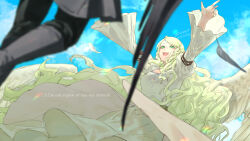  1boy 1girl 91007 angel_wings bird black_wings blonde_hair commentary_request dress feathered_wings fire_emblem fire_emblem:_radiant_dawn green_eyes heron highres leanne_(fire_emblem) naesala_(fire_emblem) open_mouth outstretched_arms white_dress white_wings wings 