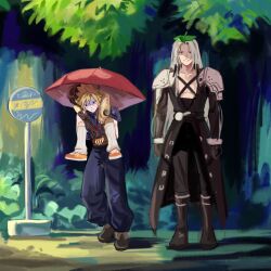  1girl 2boys armor black_gloves blonde_hair boots bus_stop bus_stop_sign carrying cloud_strife commentary_request final_fantasy final_fantasy_vii gloves grey_hair highres leaf leaf_on_head long_hair multiple_boys outdoors parody pauldrons piggyback pink_umbrella road_sign scene_reference sephiroth shared_umbrella shoulder_armor sign single_pauldron standing sweat totoro_bus_stop tree umbrella yomyompi yuffie_kisaragi 
