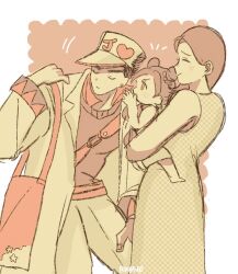  1boy 2girls aged_down bag belt brown_hair carrying carrying_person child closed_eyes coat diamond_wa_kudakenai double_bun dress family father_and_daughter hair_bun hand_on_own_knee hat jojo_no_kimyou_na_bouken kujo_jolyne kujo_jotaro leaning_forward long_hair long_sleeves mother_and_daughter mrs._kujo multiple_girls nodding open_clothes open_coat popped_collar rr8560 sleeveless sleeveless_dress smile stone_ocean sweater tote_bag 