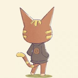  1girl animal_crossing animal_ears animated animated_gif black_jacket blonde_hair brown_fur cat cat_ears cat_girl cat_tail colored_sclera commentary fangs gold_necklace hands_in_pockets jacket jewelry katt_(animal_crossing) lowres necklace on_grass tabby_cat tail tapping_foot yellow_background yellow_sclera 