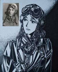  1girl bordfunker133 commentary_request derivative_work flight_suit friedrich_rumpelhardt g-suit goggles goggles_on_head hat helmet long_hair looking_to_the_side luftwaffe military monochrome parted_lips photo_(medium) photo_inset pilot pilot_helmet rumpelhardt-chan_(bordfunker133) soldier solo upper_body world_war_ii 