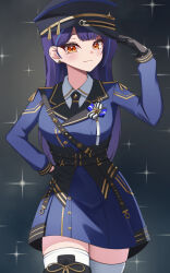  1girl adjusting_clothes adjusting_headwear aiguillette belt black_belt black_gloves black_hat black_necktie blue_hair blue_jacket blue_skirt blush boots breasts closed_mouth collared_shirt commentary cowboy_shot earrings epaulettes gloves gold_trim hand_on_headwear hand_on_own_hip hand_up hat highres jacket jewelry korean_commentary lilpa long_hair long_sleeves looking_at_viewer medal military_hat military_uniform mole mole_under_eye necktie official_alternate_costume orange_eyes peaked_cap puleudingding purple_hair shirt skirt smile solo sparkle standing thigh-highs thigh_boots underbust very_long_hair virtual_youtuber waktaverse white_shirt white_thighhighs zettai_ryouiki 