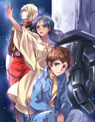  1girl 2boys amuro_ray bindi black_hair blonde_hair blue_eyes blue_jacket blue_pants brown_hair char_aznable commentary_request dark-skinned_female dark_skin double_bun dress gloves green_eyes gundam hair_bun highres jacket kuroi_mimei lalah_sune long_dress military_uniform mobile_suit_gundam multiple_boys no_mask pants reaching short_hair turtleneck wide_sleeves yellow_dress 