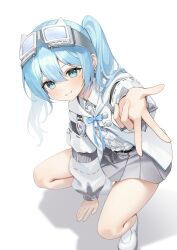  1girl absurdres arahashi_tabi belt black_belt blue_bow blue_bowtie blue_eyes blue_hair bow bowtie center_frills commentary frilled_shirt frills goggles goggles_on_head grey_skirt gyaru_v ham99luv hand_on_floor highres jacket korean_commentary long_sleeves pleated_skirt shirt shoes simple_background skirt socks solo squatting stellive twintails v virtual_youtuber white_background white_jacket white_shirt white_shoes white_socks 
