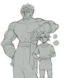  2boys arm_on_another's_head belt big_nose blank_speech_bubble commentary_request forehead_jewel ganondorf grrr0111 hat highres less_than_chest_height light_frown link looking_at_another male_focus multiple_boys muscular muscular_male open_mouth pants pointy_ears ponytail scar short_hair short_ponytail sideburns speech_bubble standing the_legend_of_zelda tunic white_background 