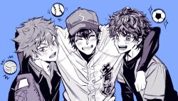  3boys ace_of_diamond ao_ashi aoi_ashito arm_on_another's_shoulder ball baseball_(object) baseball_cap baseball_mitt blue_background blush closed_eyes closed_mouth collared_shirt commentary crossover greyscale_with_colored_background grin haikyuu!! hair_between_eyes happy hat highres hinata_shouyou karasuno_volleyball_uniform male_focus momoyoru1 multiple_boys sawamura_eijun shirt short_hair smile soccer_ball soccer_uniform sportswear symbol-only_commentary upper_body volleyball_(object) 