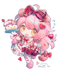  1girl ahoge animal_ears arknights arm_at_side bow cake cat_ears cat_girl cat_tail checkered_bow checkered_clothes chestnut_mouth chibi commentary dress food footwear_bow frilled_dress frills fruit gloves goldenglow_(arknights) goldenglow_(party_in_the_garden)_(arknights) hand_up heart holding holding_tray long_hair nitrogen_owo open_mouth pantyhose pink_hair pink_shoes red_bow shoes short_sleeves sidelocks signature solo strawberry tail tail_bow tail_ornament tray white_dress white_gloves white_pantyhose yellow_eyes 