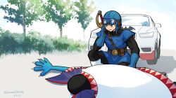  2boys absurdres belt black_bodysuit blue_eyes blue_gloves blue_hat blue_skin blue_sky blue_tunic bodysuit boots bush car colored_skin commentary_request day dragon_quest dragon_quest_ii fins gloves goggles goggles_on_headwear hargon hat head_fins highres holding holding_phone lying male_focus motor_vehicle multiple_boys on_one_knee on_stomach outdoors parted_lips phone prince_of_lorasia robe sawarabi_(sawarabi725) sky slime_(dragon_quest) sword sword_on_back tree tunic twitter_username weapon weapon_on_back white_boots white_robe 