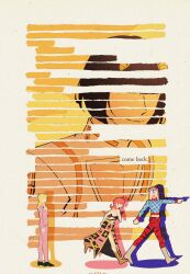  1girl 3boys absurdres animal_print argyle_clothes argyle_hat argyle_sweater black_hair blonde_hair blue_sweater bob_cut boots brown_boots bruno_bucciarati commentary_request crop_top english_text giorno_giovanna guido_mista hair_ornament hairclip hat highres italian_commentary jacket jj_fgo48 jojo_no_kimyou_na_bouken long_hair midriff multiple_boys pants pink_hair pink_jacket pink_pants pointing red_hat red_pants short_hair silhouette skirt sweater trish_una vento_aureo walking white_boots zebra_print 