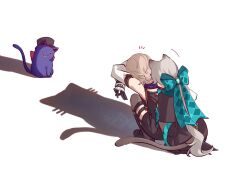  1boy 1girl animal_ears aqua_bow black_boots black_capelet black_corset black_dress black_gloves black_shorts blonde_hair boots bow braid brother_and_sister brown_thighhighs capelet cat cat_ears cat_girl cat_shadow_puppet_(meme) cat_tail commentary_request corset detached_sleeves different_shadow dress genshin_impact gloves grey_hair hair_bow highres huge_bow long_hair long_sleeves low_ponytail lynette_(genshin_impact) lyney_(genshin_impact) meme multicolored_gloves nekorin_chu notice_lines pleated_dress ponytail rosseland_(genshin_impact) shadow shadow_puppet shirt short_dress short_hair short_shorts shorts siblings simple_background single_braid sleeveless sleeveless_shirt squatting tail thigh-highs thigh_strap twins two-tone_gloves very_long_hair vision_(genshin_impact) watermark white_background white_gloves white_sleeves 