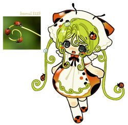  1girl :d apron artist_name black_bow black_bowtie blush_stickers bomal1215 bow bowtie bug chibi chibi_only dress full_body green_eyes green_hair headscarf kneehighs ladybug long_hair open_mouth original personification photo_inset plant plant_hair polka_dot polka_dot_dress red_dress red_shoes shoes short_sleeves simple_background smile socks solo standing white_apron white_background white_headscarf white_socks 