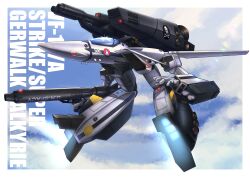  absurdres border canopy_(aircraft) character_name clouds cloudy_sky commentary energy_cannon exhaust gerwalk glint gun gunpod highres holding holding_gun holding_weapon macross macross:_do_you_remember_love? mecha mecha_focus mr2d no_humans outside_border robot roundel science_fiction skull_and_crossbones sky thrusters u.n._spacy vf-1_strike vf-1s weapon white_border 