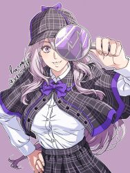  1girl artist_name baron_(varon666) breasts capelet commentary_request deerstalker detective fuuto_tantei hair_between_eyes hat highres holding holding_magnifying_glass kamen_rider kamen_rider_w large_breasts long_hair long_sleeves looking_at_viewer magnifying_glass official_art open_mouth purple_hair shirt signature simple_background skirt smile solo tokime_(fuuto_tantei) twitter_username violet_eyes white_shirt 