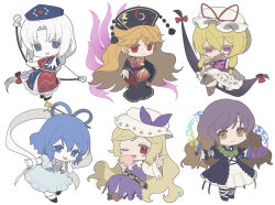  6+girls bead_necklace beads belt black_belt black_dress black_hat black_shoes blonde_hair blue_dress blue_eyes blue_hair blue_hat boots bow bow_(weapon) braid brown_boots brown_eyes brown_hair buttons chibi chibi_only chinese_clothes closed_mouth collared_shirt collared_vest commentary_request constellation_print crescent crescent_print criss-cross_straps cross crossed_legs dress empty_eyes energy food frills fruit full_body gap_(touhou) gradient_hair grey_eyes hair_between_eyes hair_bow hair_ornament hair_rings hair_stick hand_fan hand_on_own_face hand_up hands_up hat hat_ribbon hijiri_byakuren holding holding_bow_(weapon) holding_fan holding_food holding_fruit holding_weapon index_finger_raised jewelry juliet_sleeves junko_(touhou) kaku_seiga korean_commentary ktsis long_hair long_sleeves looking_at_viewer low-braided_long_hair low-tied_long_hair mandarin_collar mob_cap multicolored_hair multiple_girls neck_ribbon necklace nurse_cap one_eye_closed open_clothes open_mouth open_vest orange_hair parted_bangs peach phoenix_print pill pinafore_dress pom_pom_(clothes) puffy_short_sleeves puffy_sleeves purple_dress purple_hair purple_ribbon purple_tabard red_bow red_dress red_ribbon red_tabard ribbon shirt shoes short_hair short_sleeves sidelocks simple_background single_braid sitting sleeveless sleeveless_dress smile socks sorcerer's_sutra_scroll standing tabard tassel tongue touhou two-tone_dress two-tone_hair very_long_hair vest violet_eyes watatsuki_no_toyohime wavy_hair weapon white_background white_belt white_dress white_hair white_hat white_shirt white_socks white_vest wide_sleeves yagokoro_eirin yakumo_yukari yellow_ribbon 