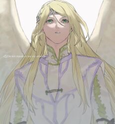  1boy 91007 angel_wings bird blonde_hair commentary_request feathered_wings fire_emblem fire_emblem:_radiant_dawn green_eyes heron highres long_hair looking_at_viewer male_focus reyson_(fire_emblem) white_wings wings 