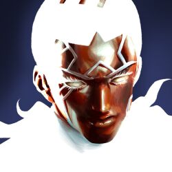  1boy blank_eyes blending blue_background colored_eyelashes commentary dark-skinned_male dark_skin enrico_pucci hashtag-only_commentary highres jojo_no_kimyou_na_bouken male_focus portrait santamanymany solo star-shaped_hair stone_ocean v-shaped_eyebrows white_hair 